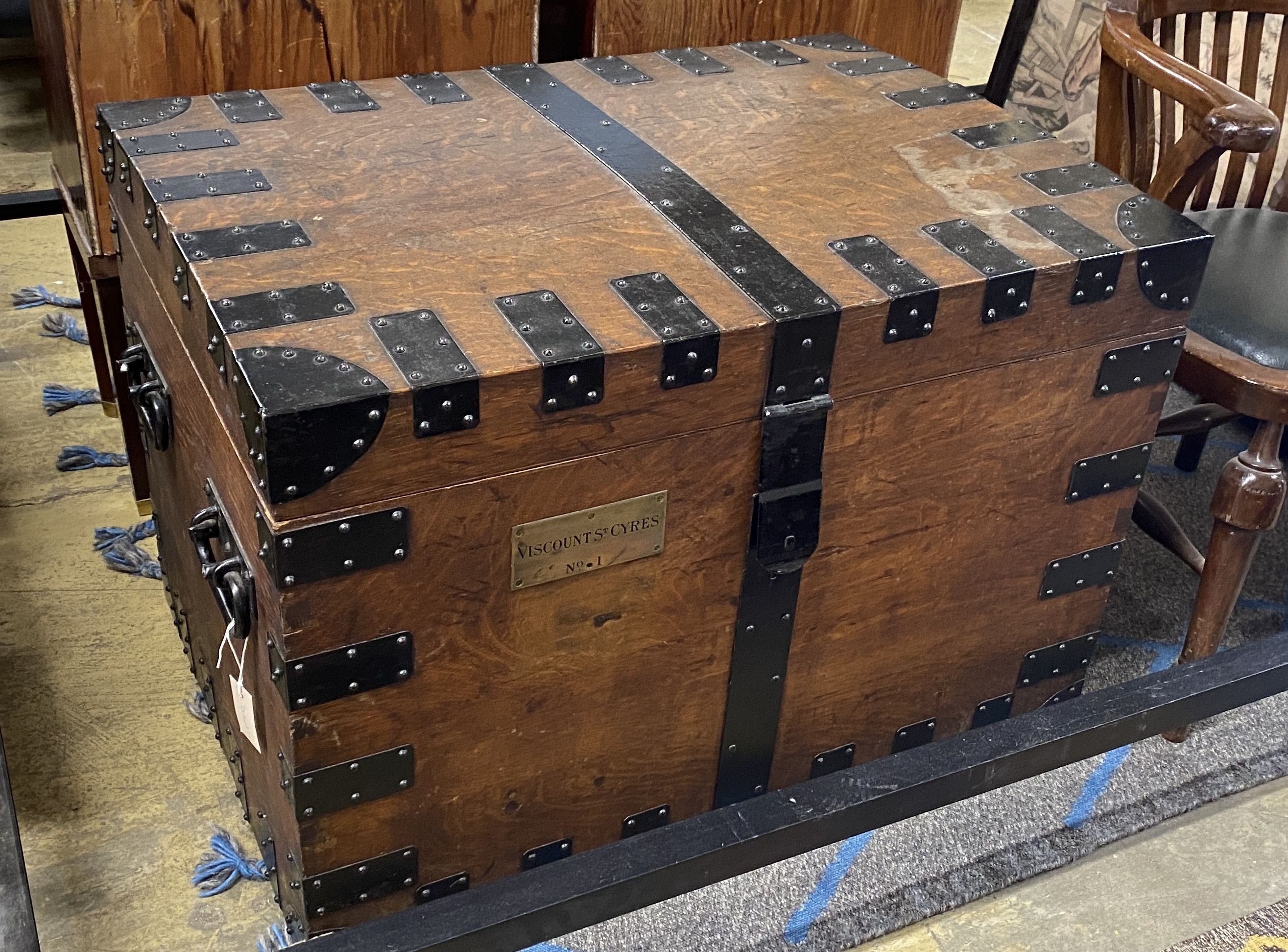 A Victorian iron bound oak silver chest, the engraved brass plaque reads 'Viscount St Cyers No 1', width 89cm, depth 63cm, height 65cm